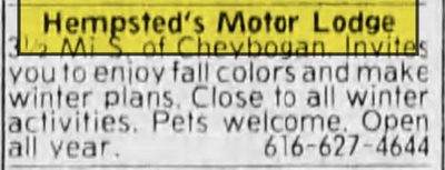 Hempsteds Motor Lodge (Mullett Lake General Store) - Sept 1985 Ad